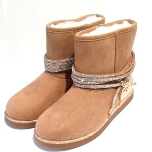 JUICY COUTURE BROWN SHERPA LINED RHINESTONE ANKLE BOOTS SIZE 7 NWT